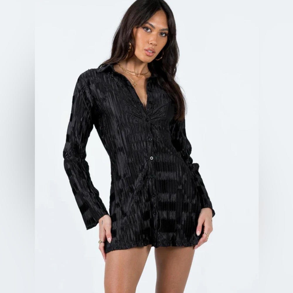 Princess‎ Polly Black Satin Crinkle Shirt Dress Oversized Button Down Mini SZ 12